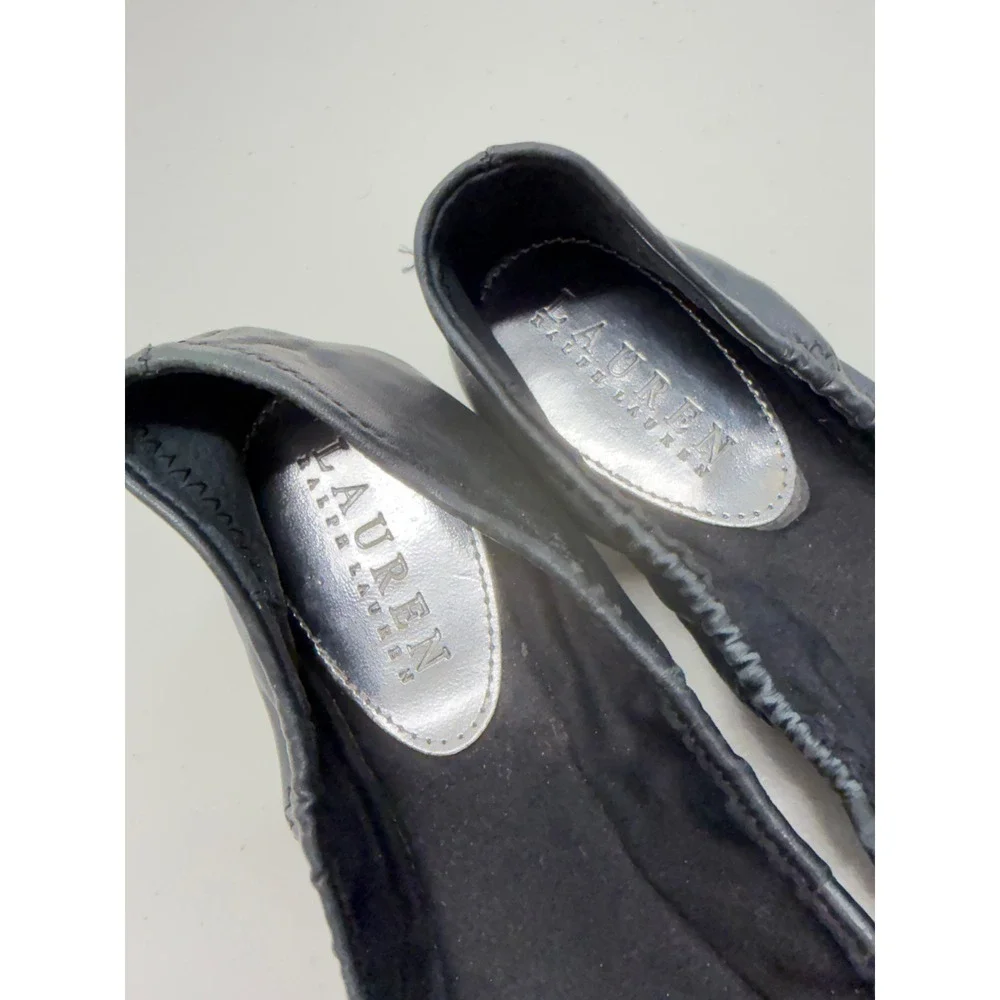 Ralph Lauren Jayna Black Leather Ballet Flats Silver Logo Buckle 7.5 B